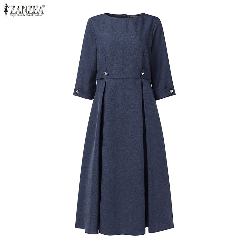 ZANZEA Női Elegáns Alkalmi Kerek Nyakú Egyszínű 3/4 Ujjú Midi Ruha