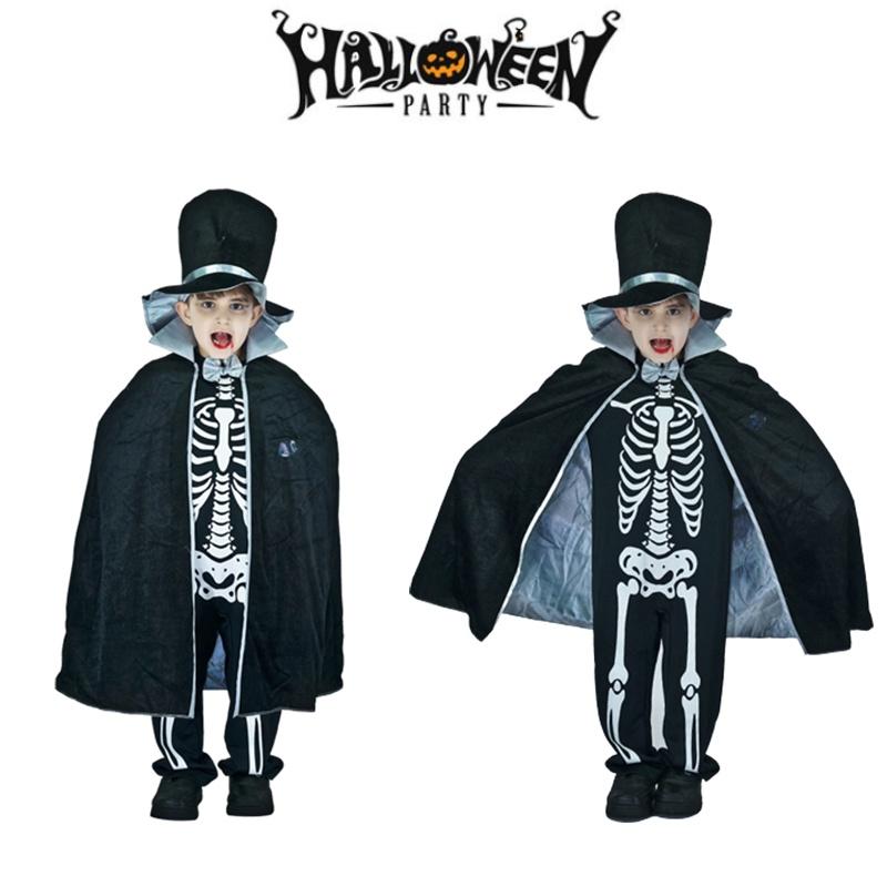 Kids Boy Skeleton Skull Ghost Cloak Halloween Cosplay Party Outfit Costume