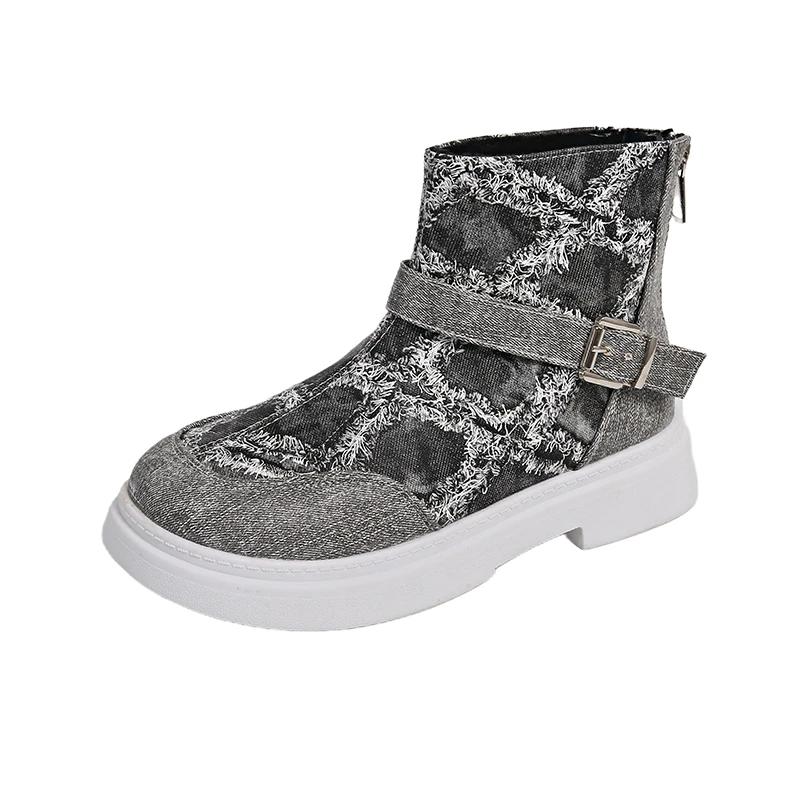 Fashion Cowboy Canvas Ankle Women Flats Boots Belt Buckle Checkered Fashion Designer Winter New 2025 Trend Women Shoes Cozy Casual Botas