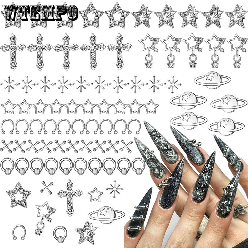 WTEMPO Nail Art Decorations Kit Punk Style Silver Star Planet Cross Designs Nail Art Decor Accessories DIY Craft Making Supplies