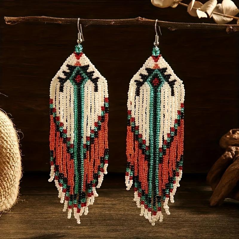 

Bohemian style long tassels, handmade beaded earrings, seed beads, geometric shapes, earrings, gifts for mothers оранжевый