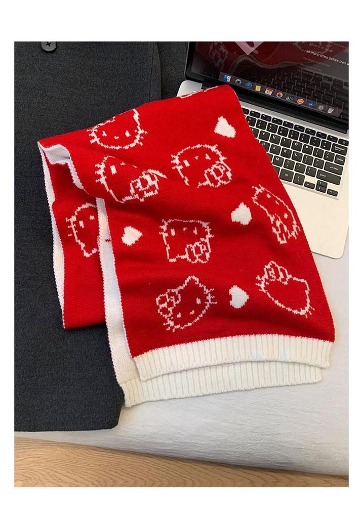 Kitty Cat Double-Sided Knit Scarf: Women's Autumn/Winter Korean Style Thick Warm Neck Gaiter