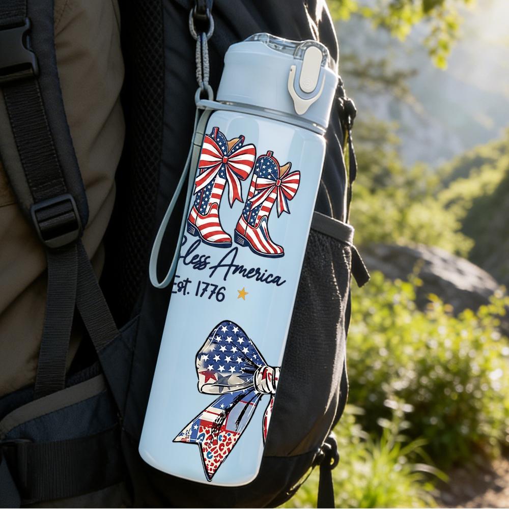 1PC American Flag Bow Girl Text 750ml Color Plastic Sports Water Bottle Leakproof Flip Straw Lid Suitable for Sports Office Home Use