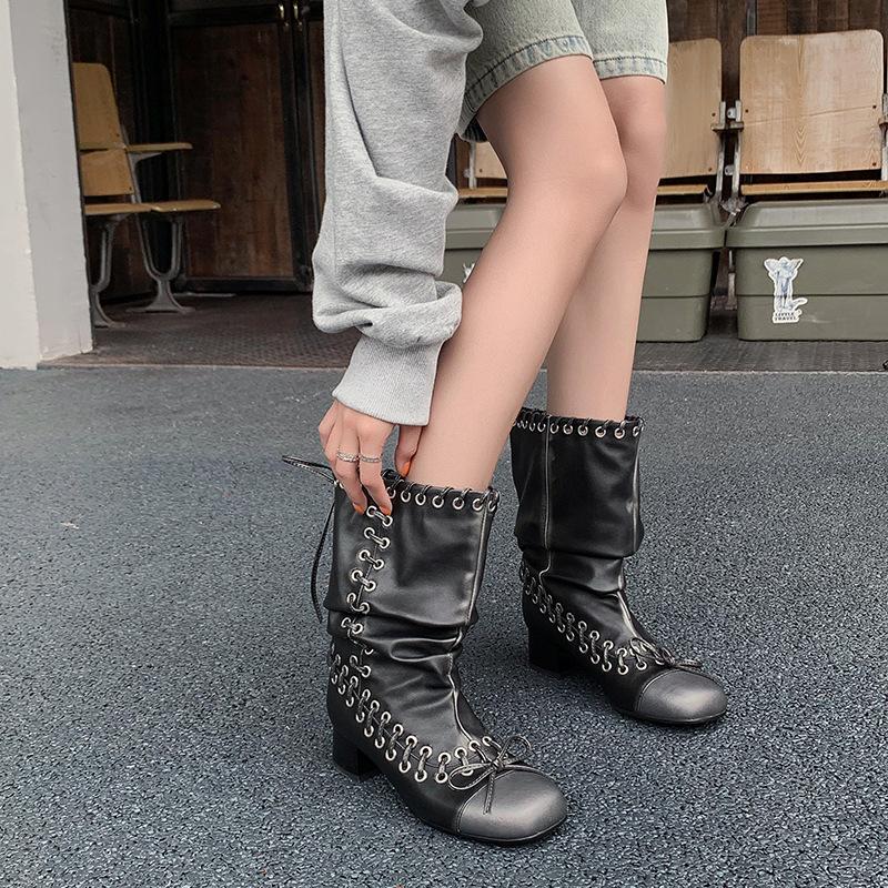 Spot 2025 autumn and winter new fashionable thick heel round head rivet bow short boots fashion wide women's boots