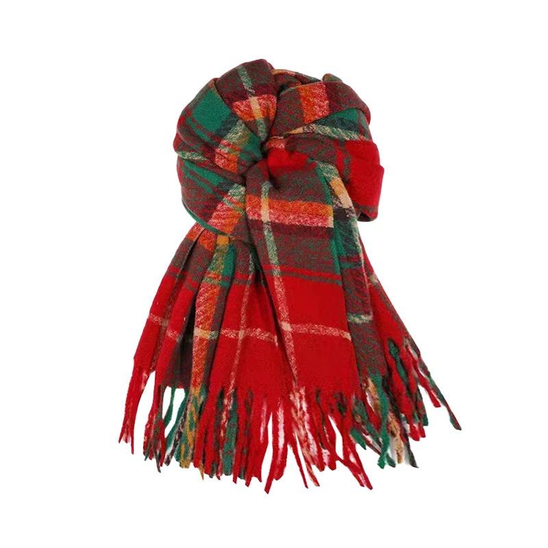 New gift Christmas red fringed plaid scarf women's winter high-end feeling warm Korean shawl thickened scarf