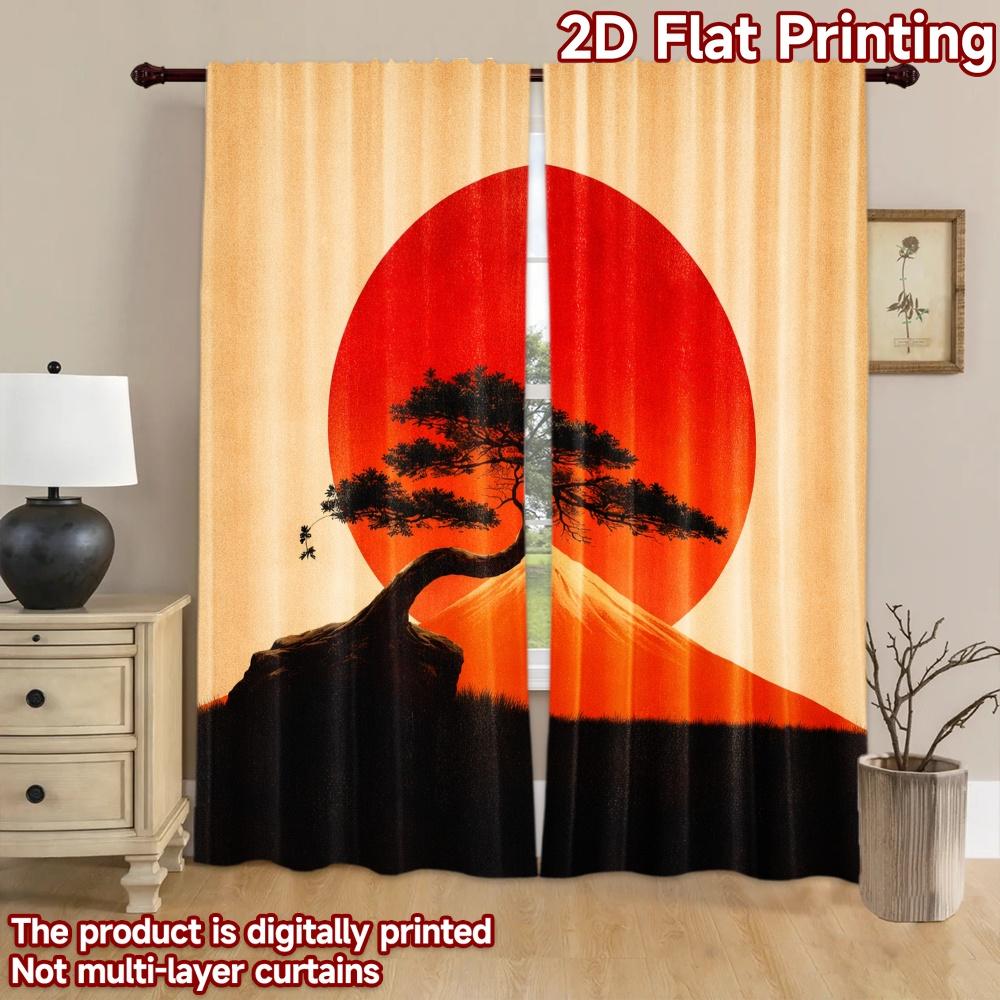 2D Flat Printing 2pcs Curtain Party Curtain Sunset Over Mount Fuji Digital Printed Polyester Drapes Festive Curtains Perfect for