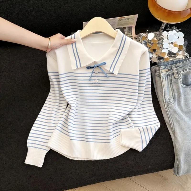 French Sweet Bow Striped Sweater for Women with Lapel Loose Sweater for Small People Autumn and Winter Casual
