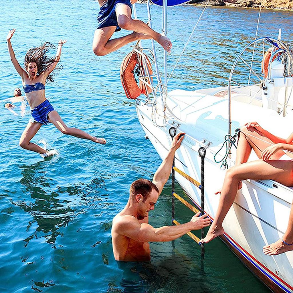 Folding Kayak Boat Rope Ladder, 4-Steps Marine Rope Ladder Extension Assist Boat Ladder Swim Ladder for Inflatable Boat