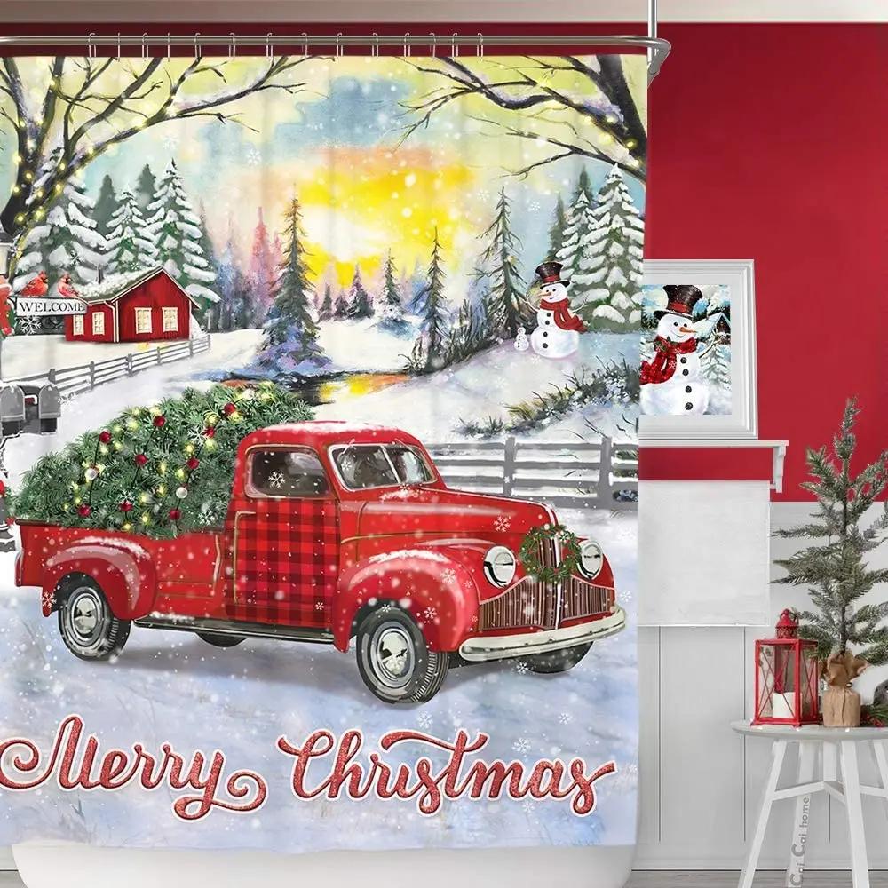Merry Christmas Shower Curtain Waterproof Red Car with Christmas Tree Bathroom Curtains Snow Xmas Bathroom Decor Set With Hooks
