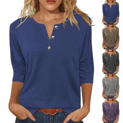 Women's Fashionable Casual Button-down Collar Three-quarter Sleeve T-shirt Top