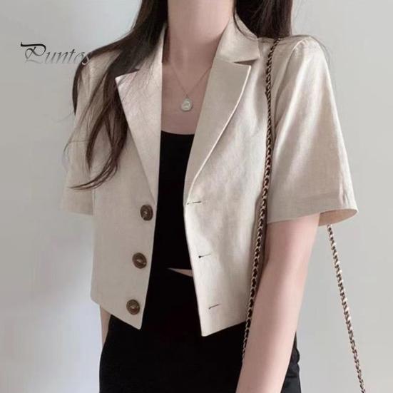 Damer Sommerdrakt Frakk Revers Kortermet Enkeltspent Knappelukking Kort Draktsjakke Ensfarget Løs Passform Business Yttertøy