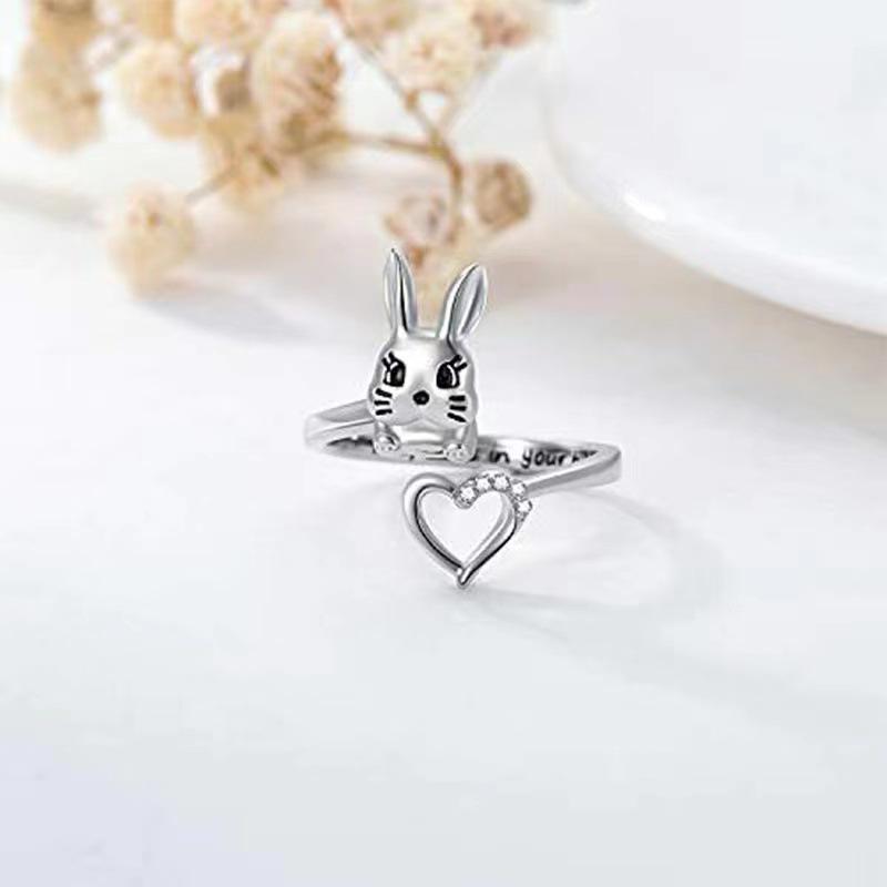 Adjustable Cute Rabbit Heart Ring with Diamond Inlay - Women's Cartoon Style