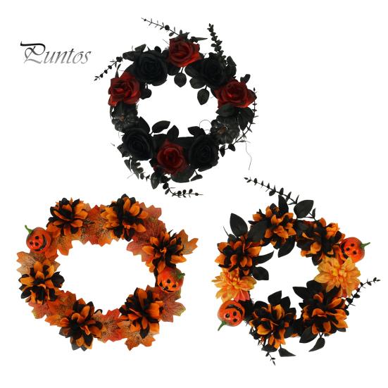 Gotisches Totenkopf-Ornament Halloween-Kranz für Haustür, Künstlicher Herbst-Ahornblatt-Rosen-Kürbis Vollkranz, Herbsternte Hängende Danksagung