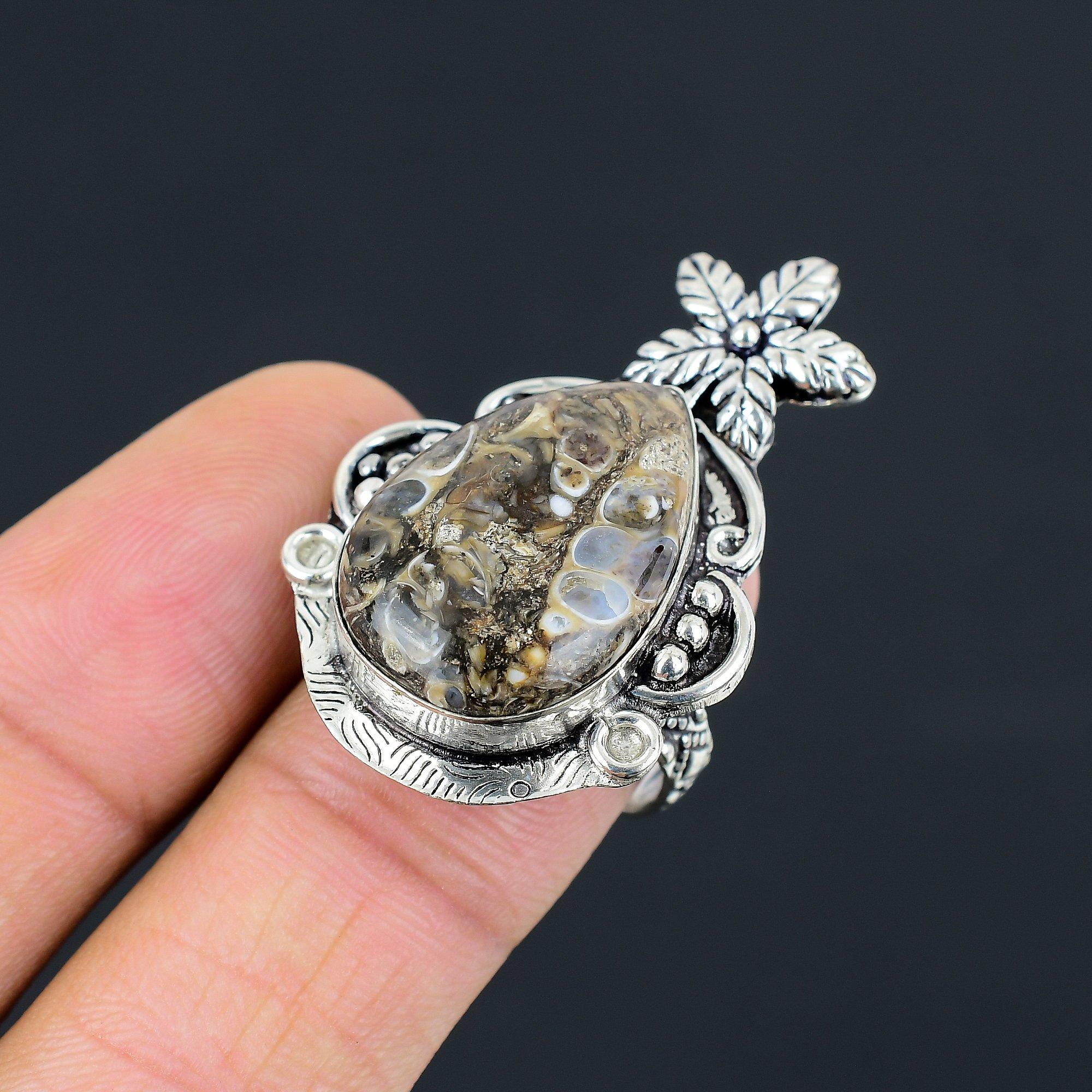 Sterling Silver Pear Natural Turritella Agate Flower Stackable Ring Jewelry US 8 8