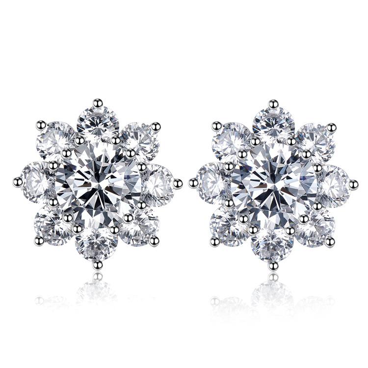New S925 Sterling Silver Korean Floral Zircon Stud Earrings for Women