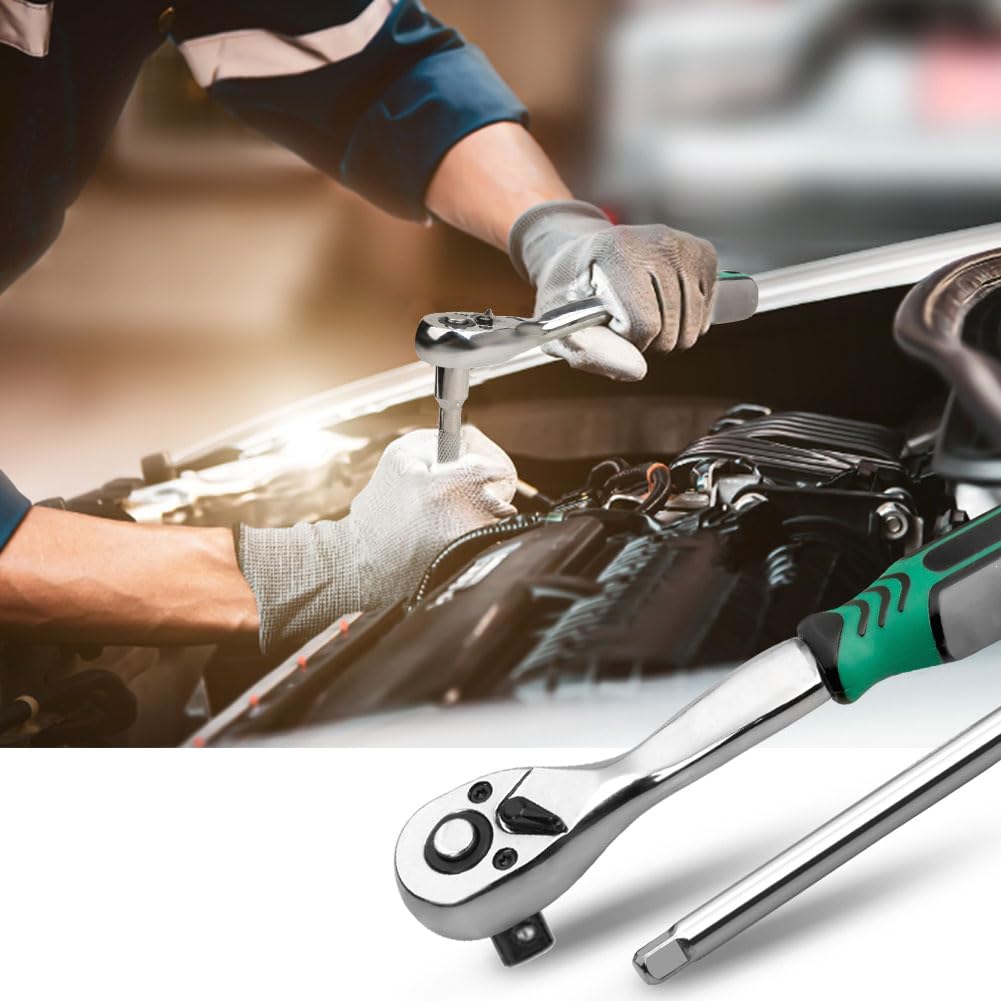 Socket Wrench Set with Hex Socket and Sleeve Ratchet Perfect for Car and Motorcycle Includes Storage Case 46-Piece Double-Sided 6.35mm (1/4") Drive,