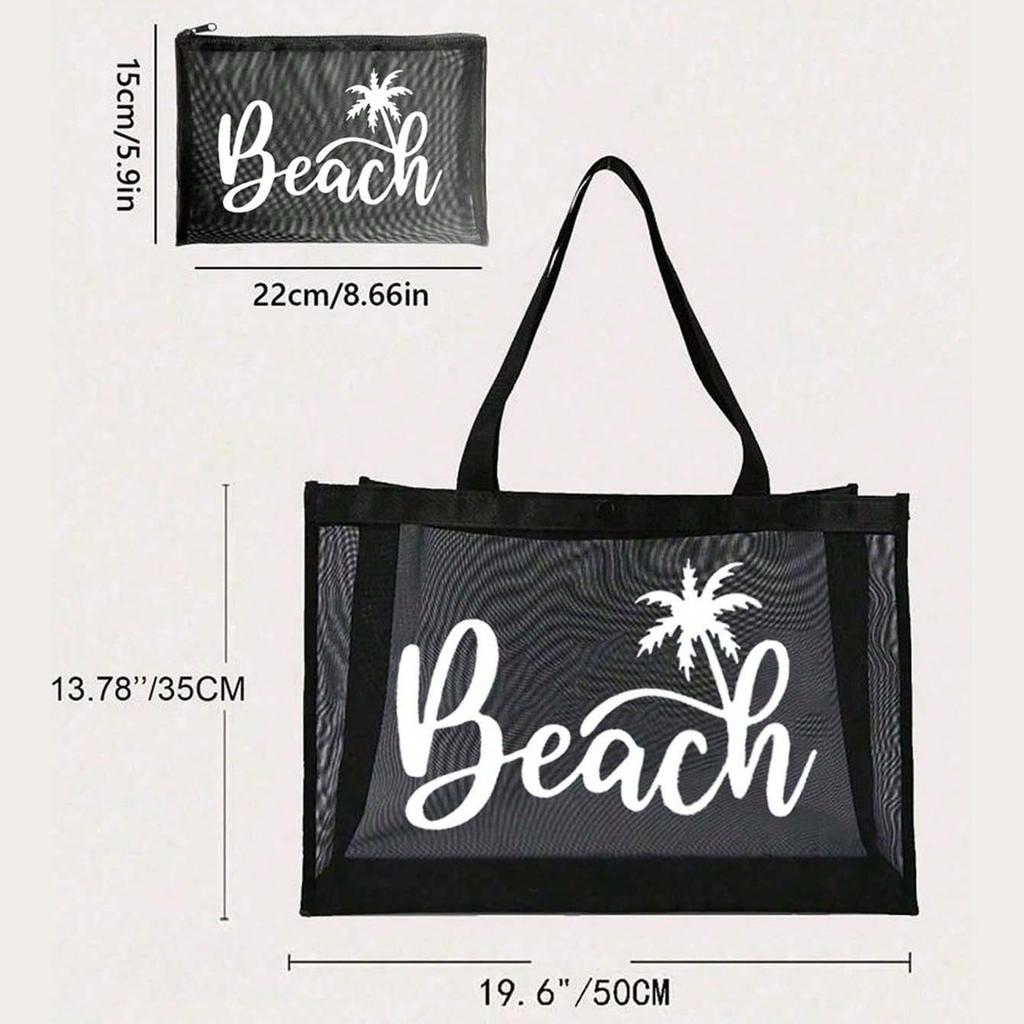 Mesh, Transparent Shopping Bag, Large Capacity, Zipper, Mesh, Single Shoulder, Women's, Beach Bag, Can Print Logo
