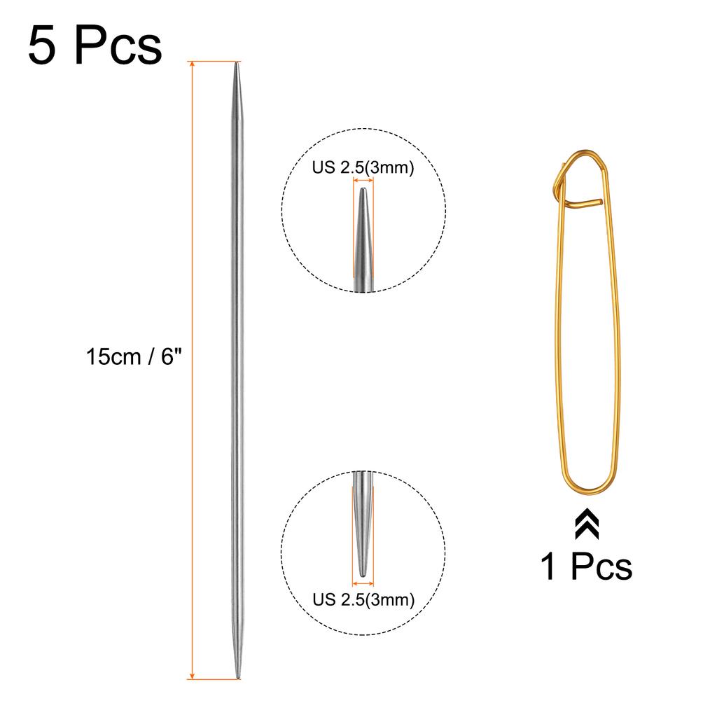 5Pcs Knitting Needle 1.2mm-5mm Dia 6" (15cm) Length Stainless Steel Double Pointed Sweater Stitching Needles w Stitch Holder