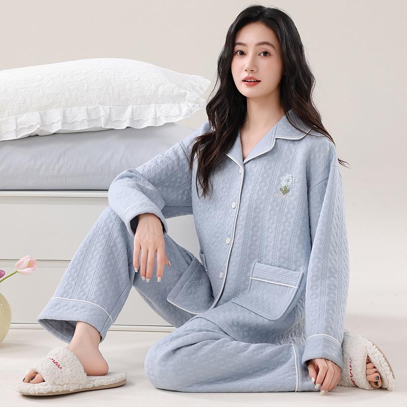 Pajamas Women'S Autumn And Winter Thickened Pure Cotton Long-Sleeved Sandwich Air Cotton Large-Size Warm Loungewear Set