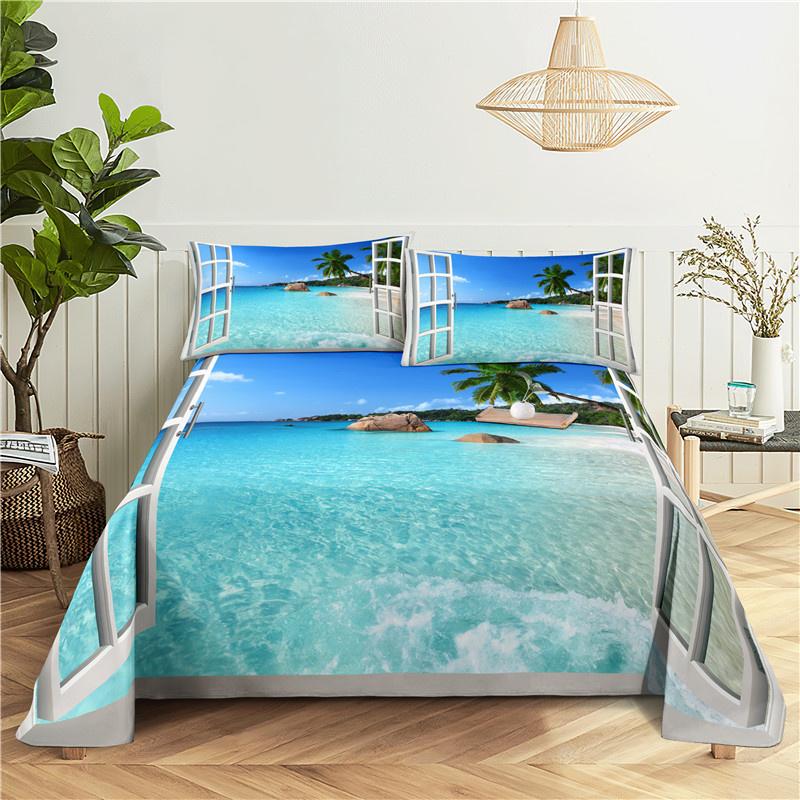 2/3Pcs Beach Bedding Sheet Home Digital Printing Polyester Bed Flat Sheet With Pillowcase Print Bed Sheet