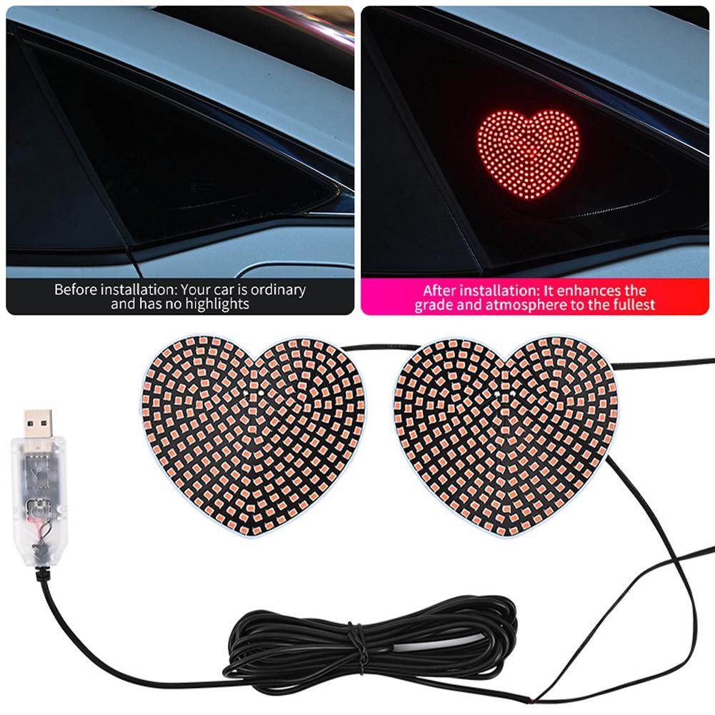 2Pcs/Set Heart-Shaped USB LED Car Interior Ambient Lights DIY Installation Auto Window Decoration Windshield Lights