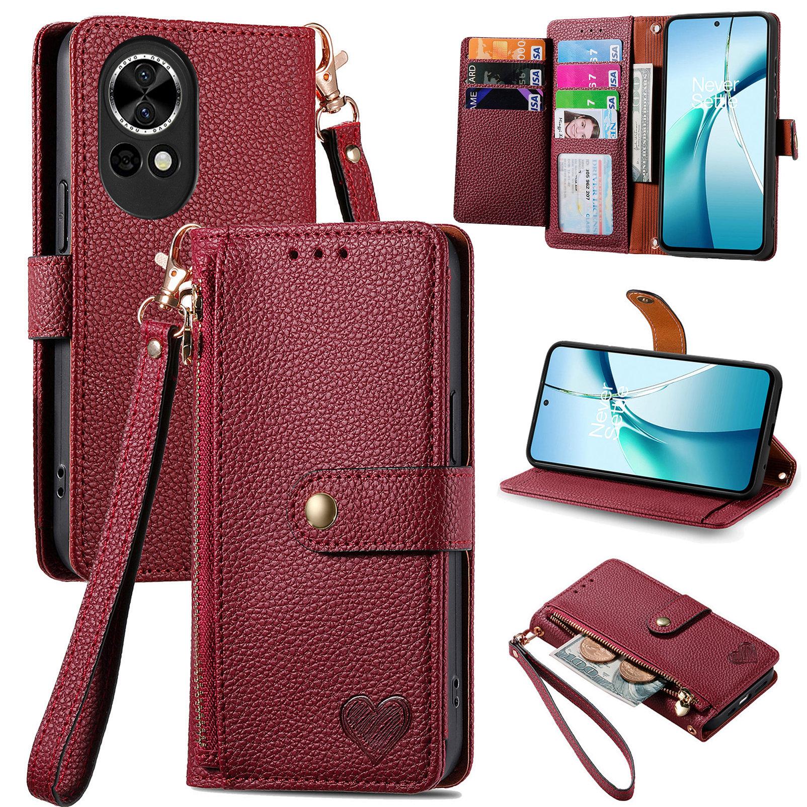 

For Huawei nova 13 5G Case RFID Blocking Zipper Pocket Leather Wallet Phone Cover with Strap Red