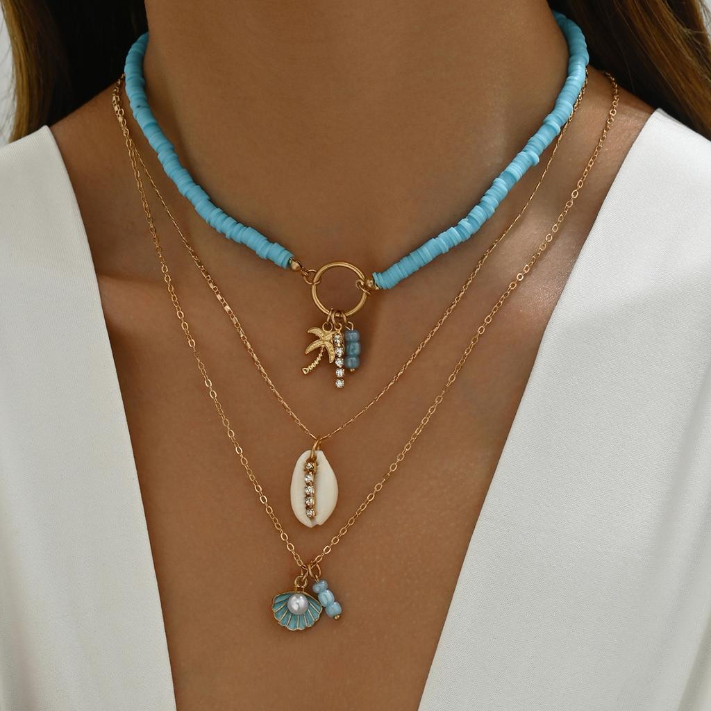 European and American personalized soft pottery necklace fashion coconut tree starfish flower pendant long necklace stacked collarbone chain