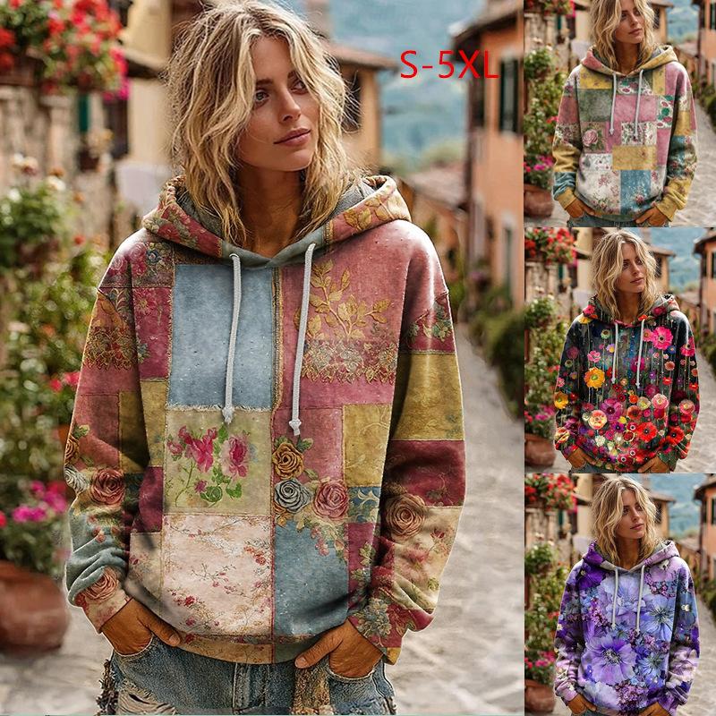 Women's Hooded Long Sleeve Printed Sweatshirt Loose Fit Casual Pullover Top