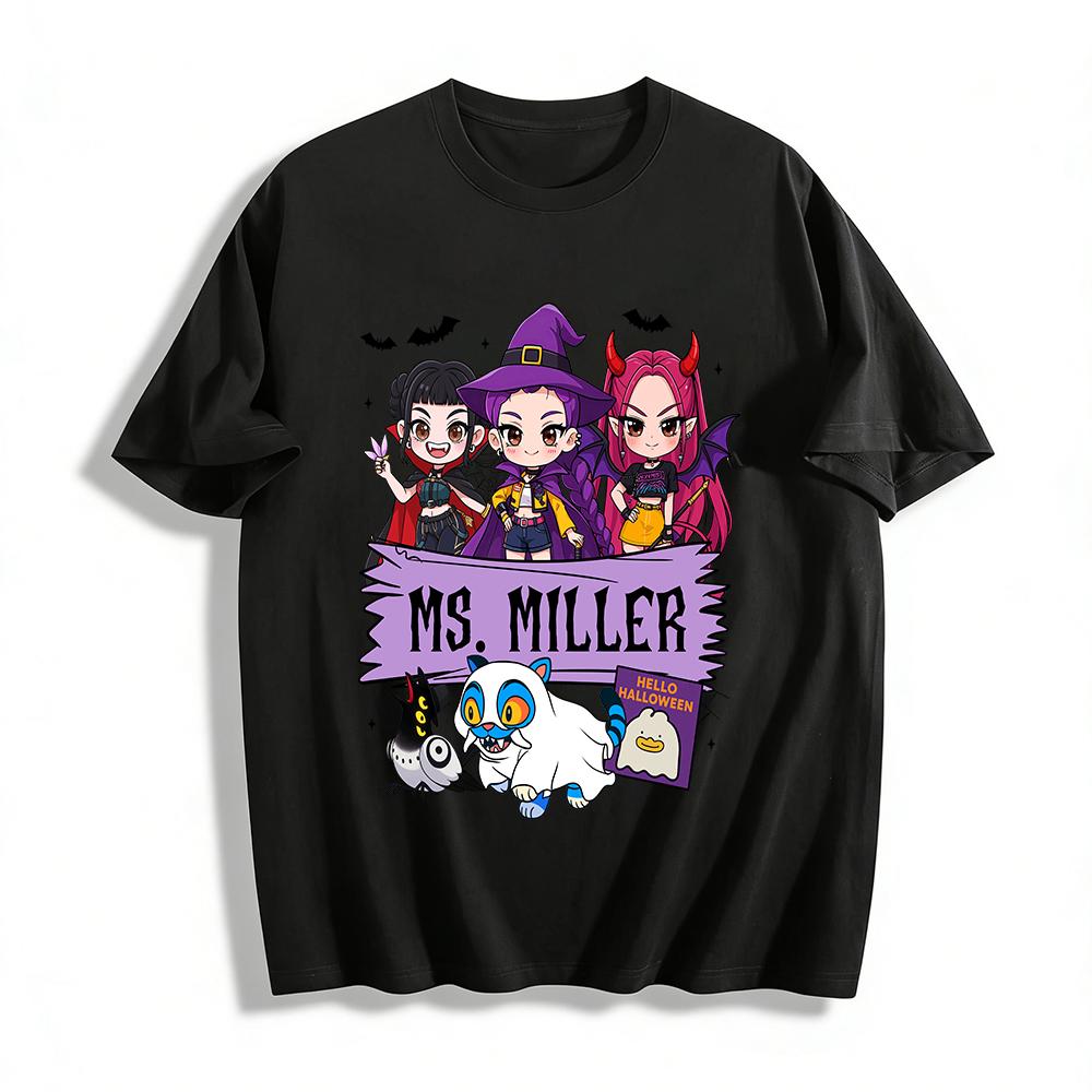 Halloween Themed Ms.Miller Cartoon Print Top Witch Demon Vampire Pattern Casual T-Shirt Pure cotton T-shirt XXS