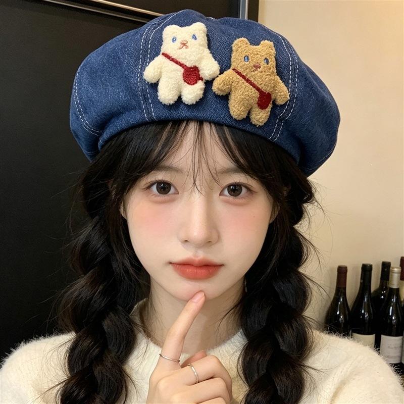 Cowboy Internet celebrity Versatile Bear Fashion Hat Showcase Flat Top Painter Hat Little Cute Face Ladies Two Berets