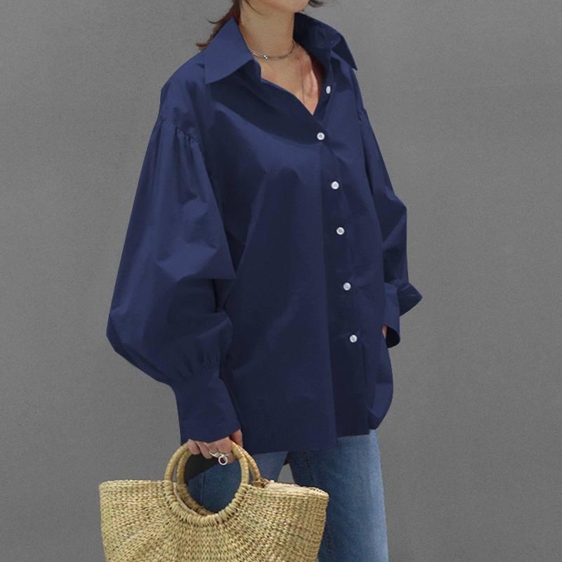 DAFIFY Women's Fashion Casual Spring Autumn Solid Color Print Long Sleeve POLO Neck Blouses & Shirts