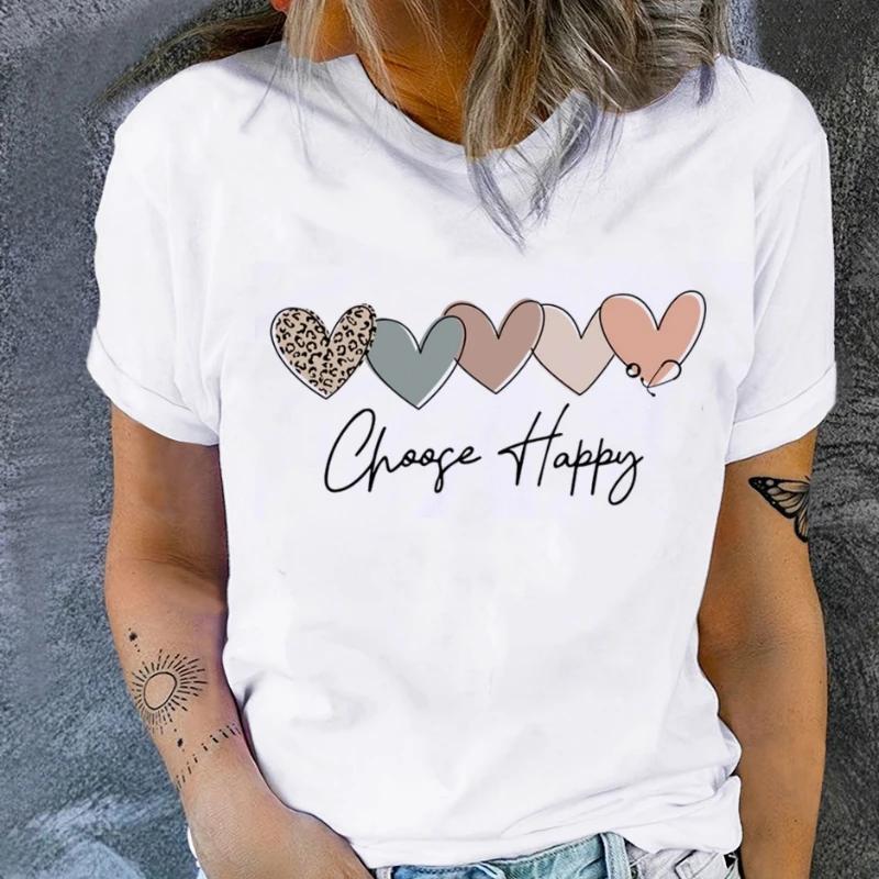 Heart & Happy Slogan Print T-shirt Cute Short Sleeve Crew Neck Casual Top Women's Clothing Valentine's Day for Summer & Spring
