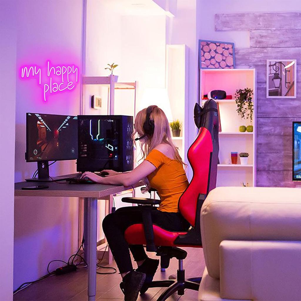 GGK My Happy Place Neon Sign LED Light up My Happy Place Sign for Wall Decor Pink Neon Lights Neon Letters Room Aesthetic Accessory (My happy place)