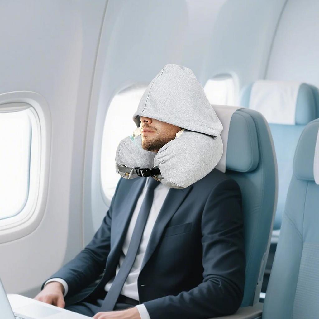Hooded Travel Neck Pillow Stuffable Neck Pillow Airplane Rechargeable Travel Pillow Fillable Storage Bag For Sleeping