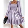European and American French Simple Square Collar Parallel Crepe Sewing Body Ruffled Hem Dress