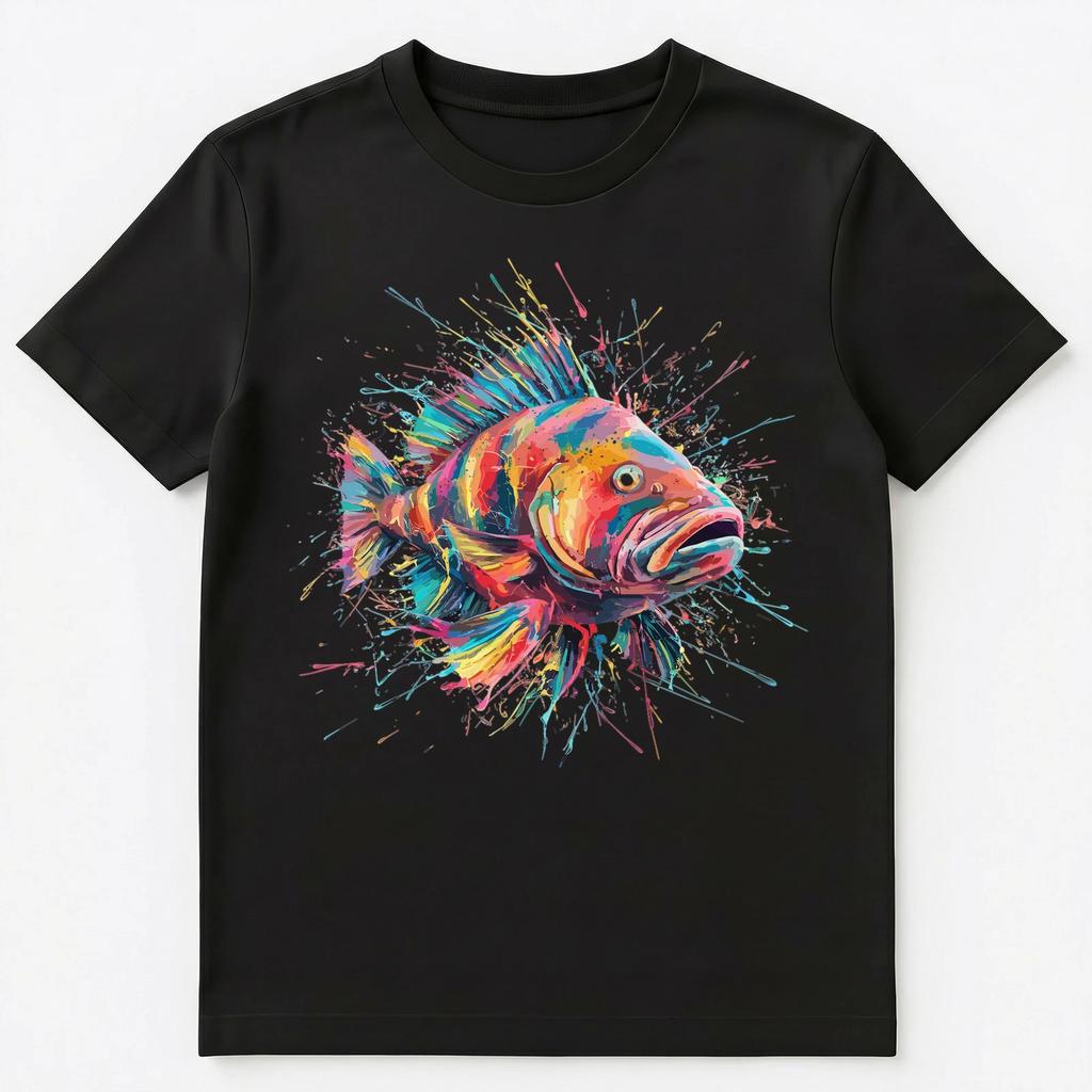 Colorful Paint Splash Grouper Fish Art Graphic Unisex T-shirt Tops Tees Unisex