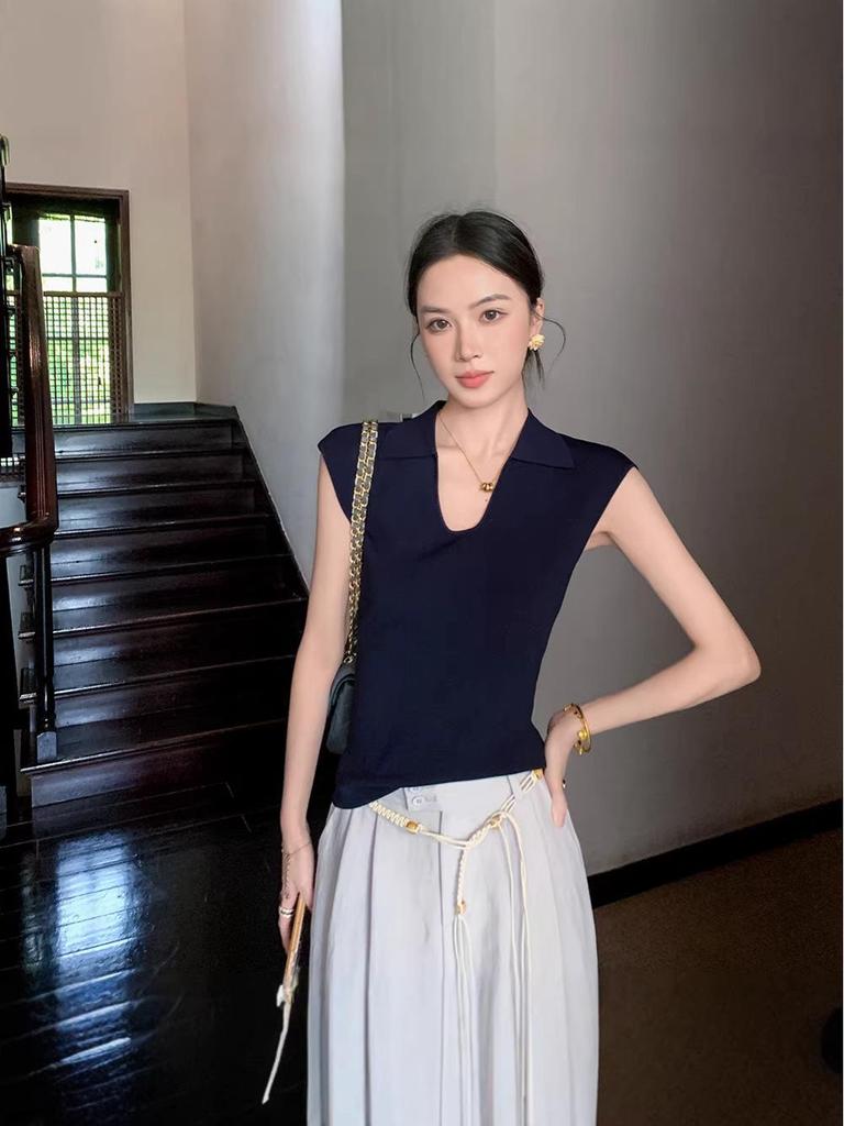 2026 Spring Korean Style Slimming Lapel Sleeveless Knit Vest