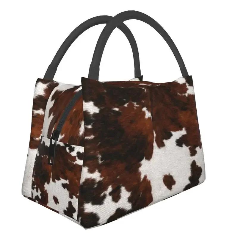 Cowhide Leather 3D Printing Resuable Lunch Box Women Waterproof Animal Fur Texture Thermal Cooler Food Insulated Lunch Bag