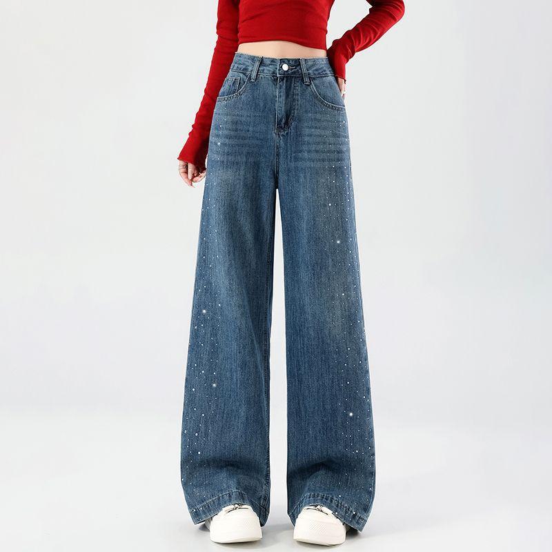 Spring Summer Full Star Rhinestone Vintage Blue Straight Wide Leg Denim Pants For Ladies Casual Pants Oversize Denim Trousers