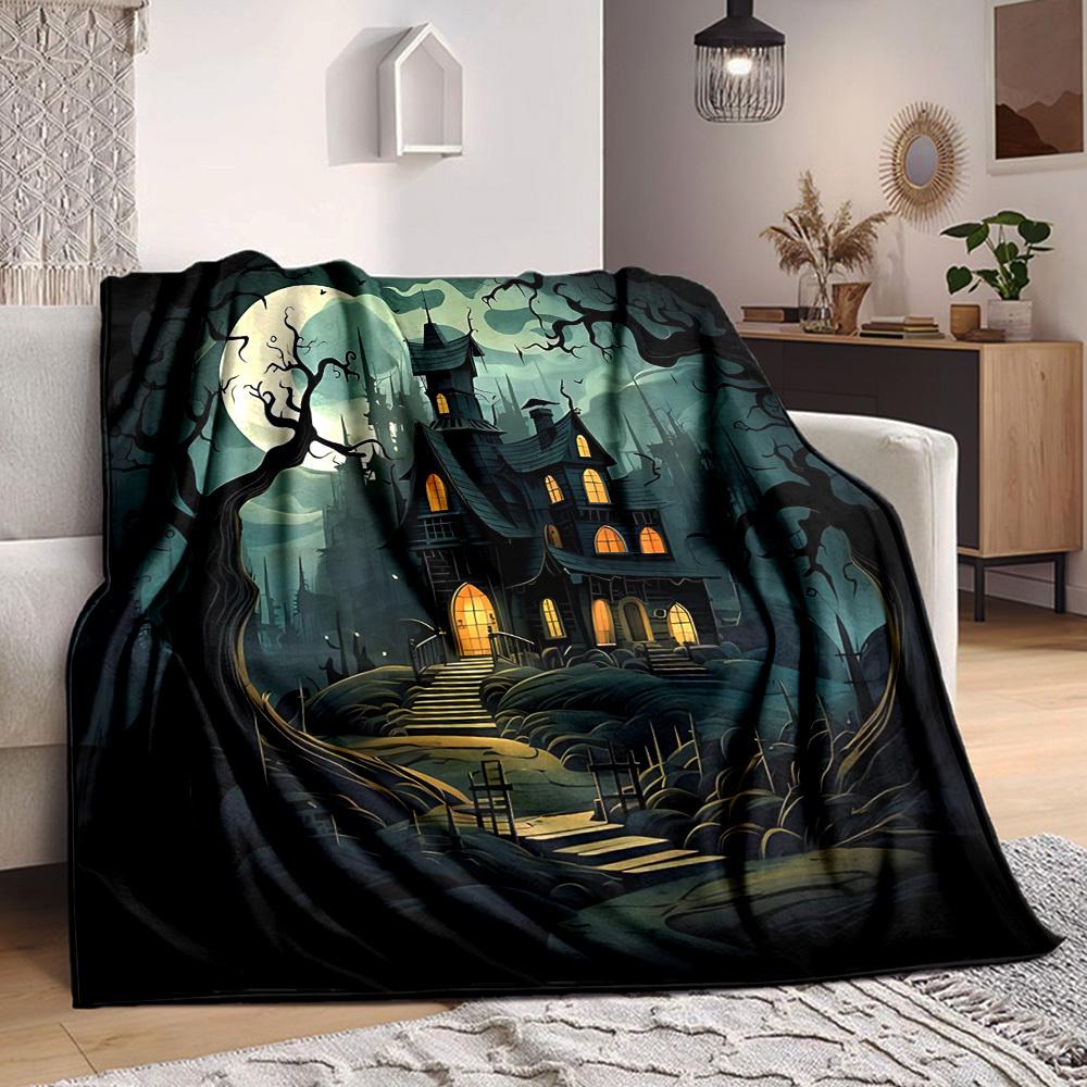 1pc Haunted House Moonlit Night Blanket, Lightweight Flannel Throw Blanket for Sofa, Bed, Travel, Camping, Living Room, Office, Couch, Chair, and Bed