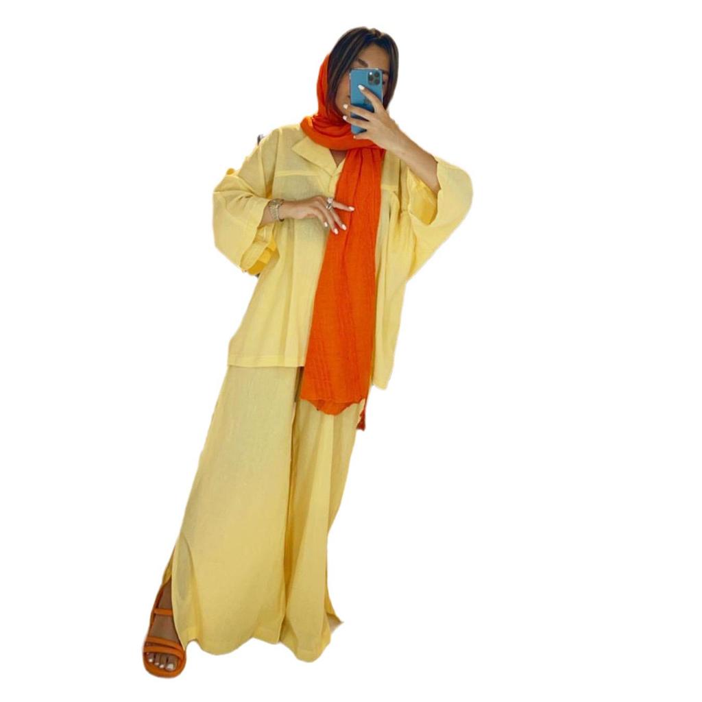 Women's 2024 Loose Long Sleeve Shirt and Slit Wide Leg Pants Set