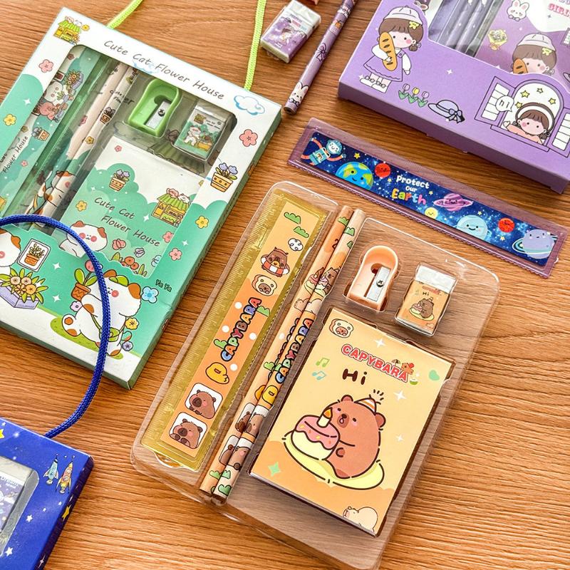 6Pcs/Set Cute Cartoon Capybara Pencil Stationery Set Kawaii Eraser Pencil Sharpener Children Student Stationery Supplies