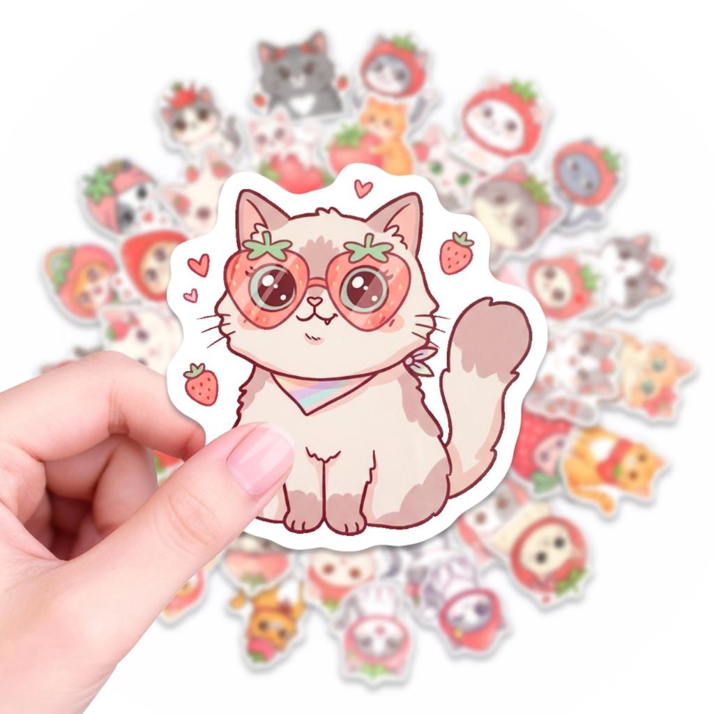 Exclusive For 50 Watercolor Strawberry Cat Stickers Cute Cartoon Animal Cat Head Stickers Waterproof
