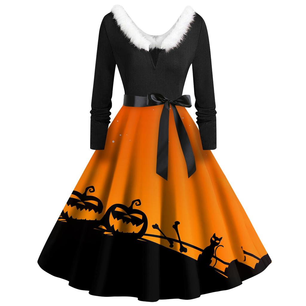 Women's Casual Fashion V-Neck Hairy Halloween Printed Long Sleeve Dresses