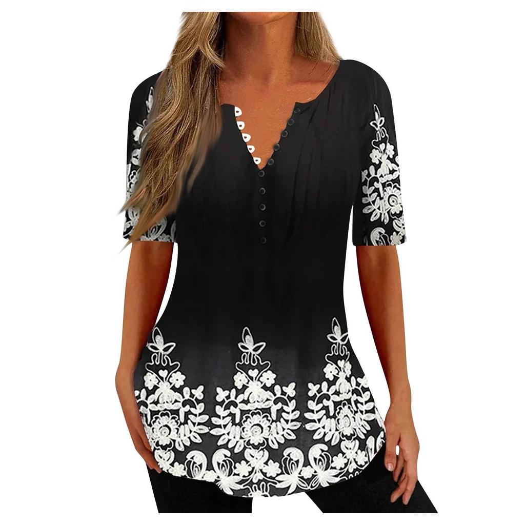 Women's Shirt Blouse Button Vintage Gradient Print Short Sleeve Casual Basic Top Pullover
