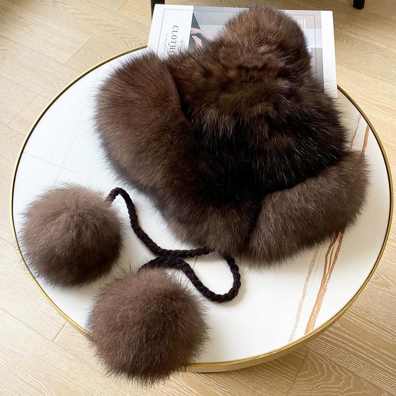Winter Warm High-grade Sable Hair Woven Mink Fur Hat Fox Hair Ball Women s Ear Protection Mink Hat One Size(55-60cm) малиновый