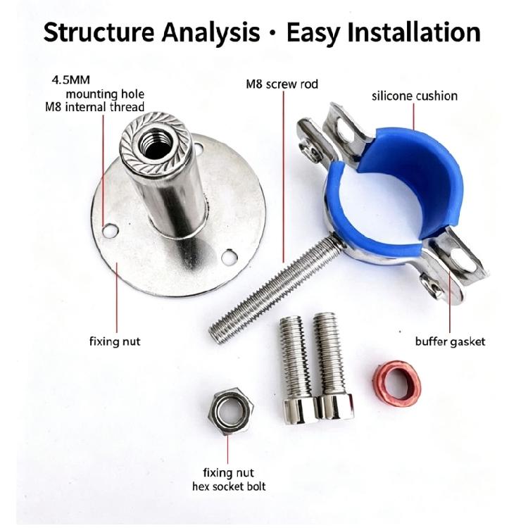 Round Base Pipe Support Bracket 4 Pack with Height Adjustment, Rubber Lined Grip and Stainless Hardware for Repairs