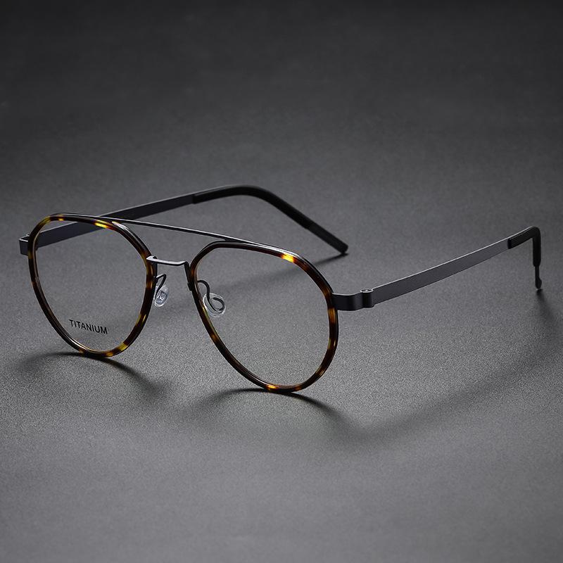 Retro Wood Grain Titanium Glasses: Unisex Double Bridge Full Frame for Large Faces (Model 9745)