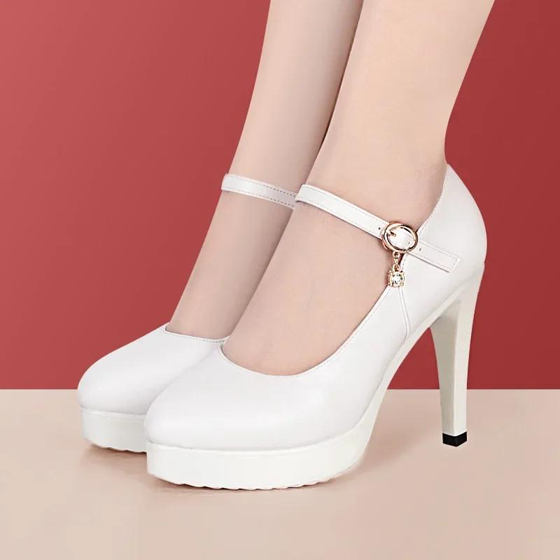 7 9 11 13 Small Size 32-43 Shallow Thick Bottom Genuine Leather Shoes Platform Pumps 2025 Block High Heels Shoes Model Office