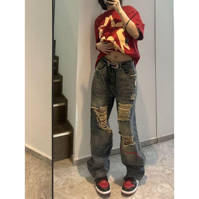 American style high street niche repair ripped jeans male vibe style ripped loose straight couple jeans